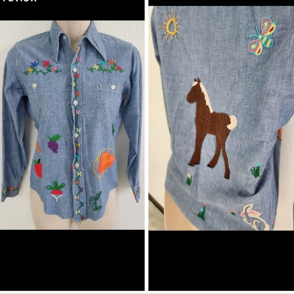 Vtg Montgomery Ward Embroidered Denim Shirt Colorful Western Aninmals Florals 12